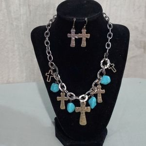 Multi-Charm Cross Necklace and Earrings Set